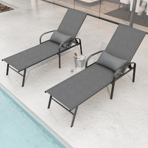 Gray Metal Frame Outdoor Patio Swimming Pool Lounge Recliner with Pillow (Set of 2)