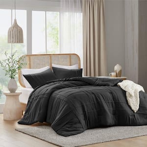 Porter 3-Piece Black Microfiber Queen Soft Washed Pleated Comforter Set