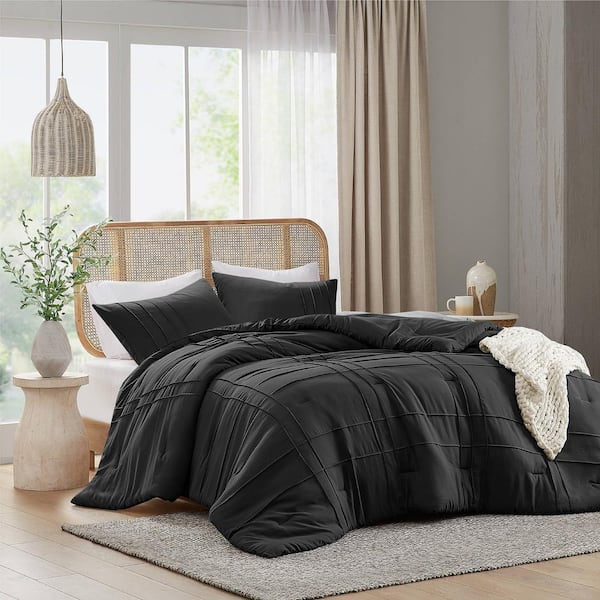 510 Design Porter 3-Piece Black Microfiber Queen Soft Washed Pleated Comforter Set