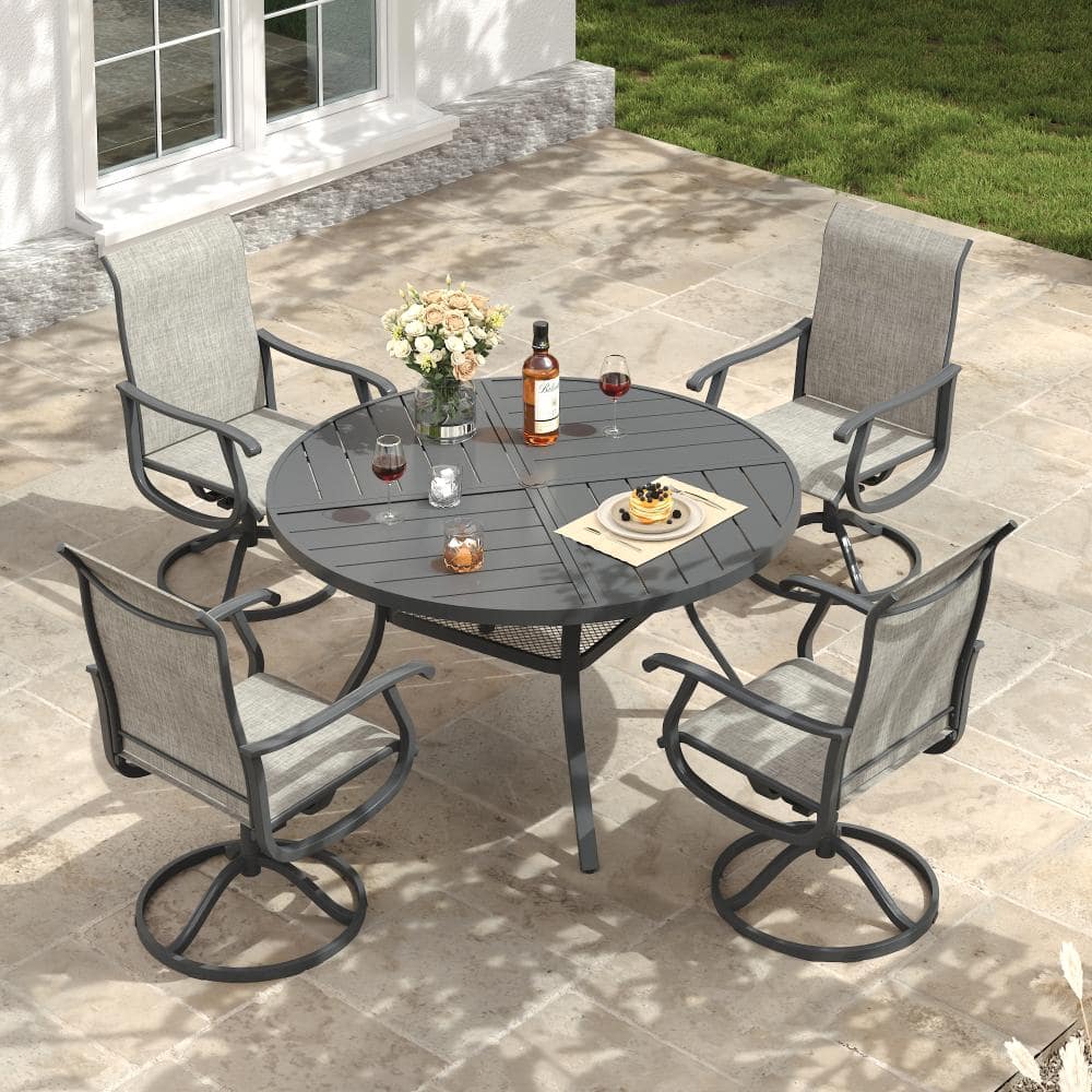 5-Piece Metal Outdoor Patio Dining Set with Round Table and High Back Padded Textilene Swivel Chairs in Gray price history on PriceWatchPro