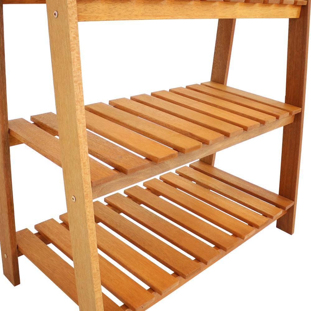 Brown Meranti Wood 3-Tier Outdoor Garden Shelf with Teak Oil Finish