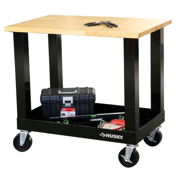 Portable Solid Wood Top Workbench, Rolling Garage Work Table