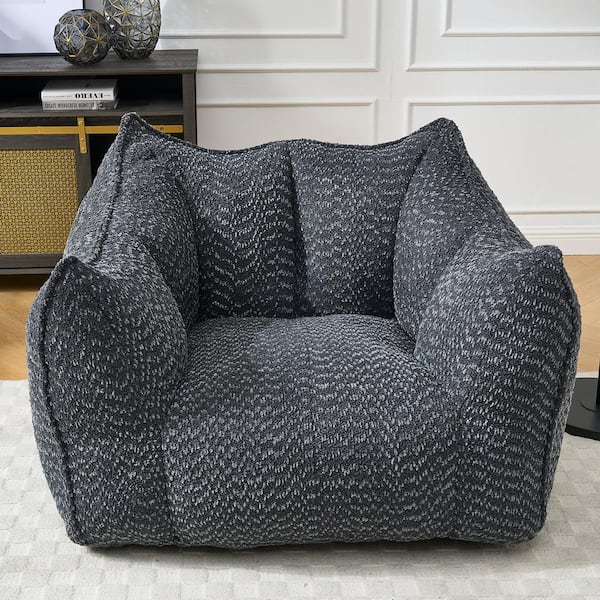 Black Chenille Polyester Sofa Chair Bean Bag with Highly Resilient Foam for Living Rooms