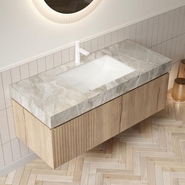 48in. Floating Single Sink White Oak Bath Vanity with Light Gray Sintered Stone Top