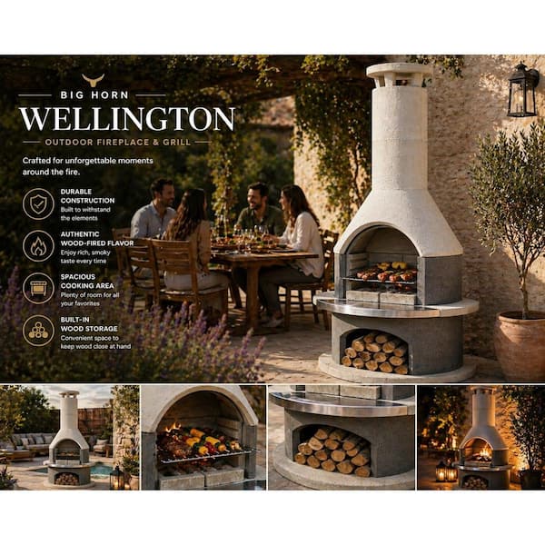 Wellington Outdoor Fireplace with Cooking Grill, Concrete