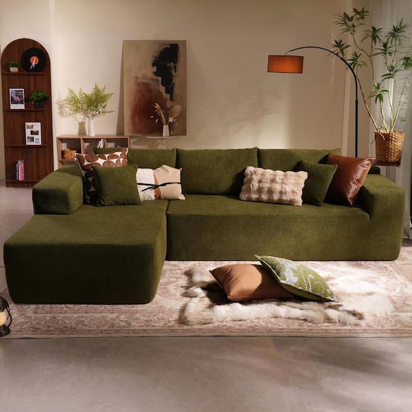 Allwex Verve 106 in. Wide Square Arm 2-Piece Modern Wool Fabric L-Shape Modular Sectional Sofa in Green with Left Chaise