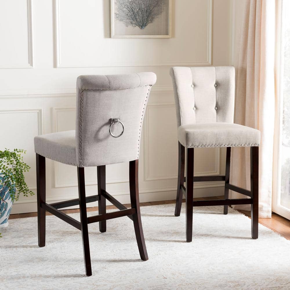 Transitional Taylor Light Grey Linen & Wood Bar Stool, 45"