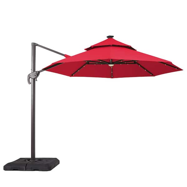 Brooks 10 ft. Steel Roma Cantilever Solar LED Tilt 360 Patio Umbrella In Red