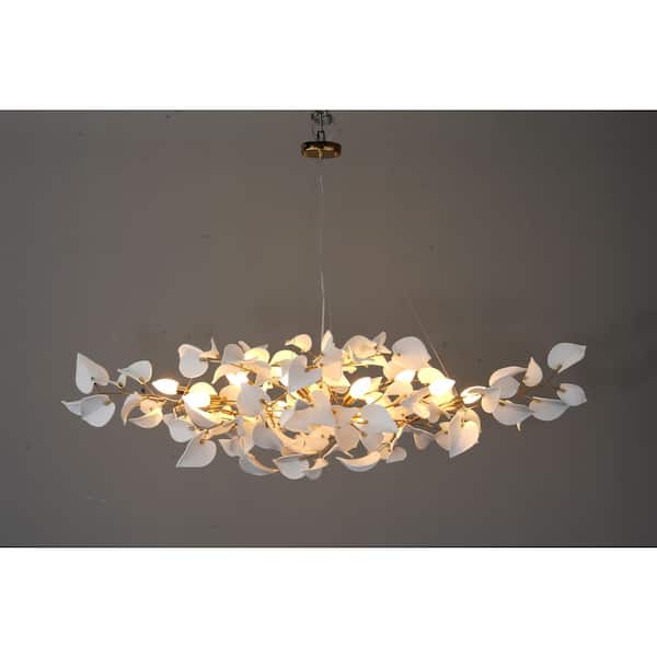 59" 12-Light Luxury Gold Rectangle Chandelier, Modern Ceramic Leaf Branch Chandelier for Dinning Room, Kitchen Island