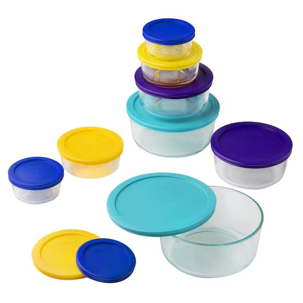 Pyrex Simply Store Love 18-Piece Round Glass Storage Set with Assorted Colored Lids