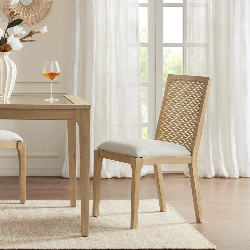 Brown Upholstered Wood and Cane Side Chair