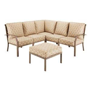 Geneva 6-Piece Brown Wicker Outdoor Sectional Sofa Seating Set with Ottoman and CushionGuard Toffee Trellis Tan Cushions