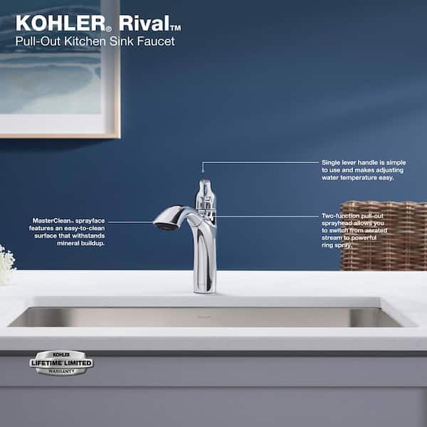 KOHLER Rival Single Handle Pull-Out Kitchen Sink Faucet with 2-Function Sprayhead in Polished Chrome