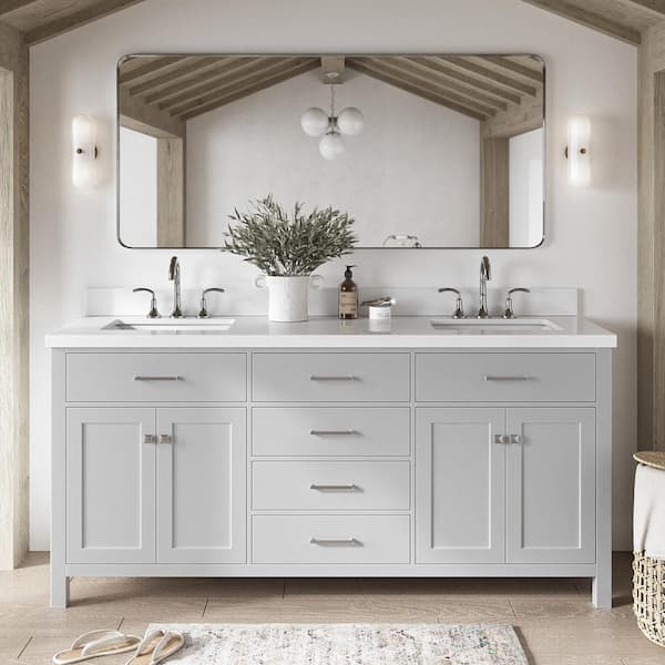 ARIEL Bristol 73 in. W x 22 in. D x 36 in. H Double Freestanding Bath Vanity in Grey with Pure White Quartz Top