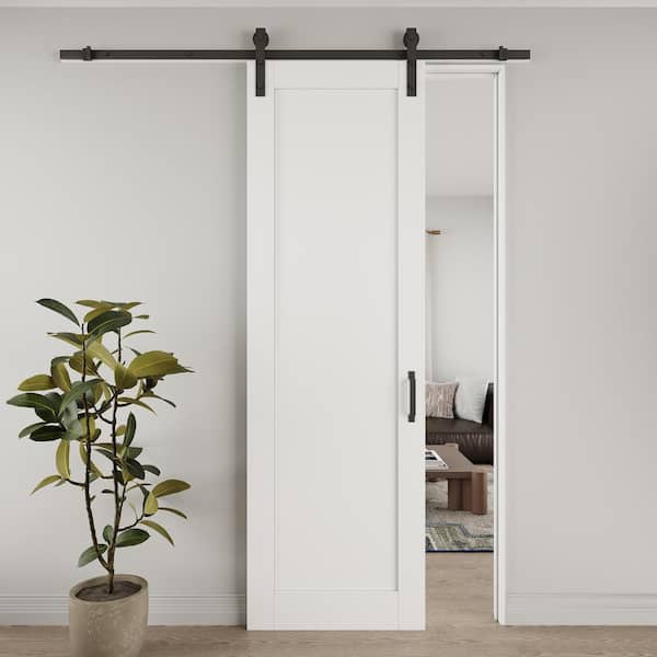 30 in. x 96 in. White Primed Paneled MDF Sliding Barn Door with Hardware Kit