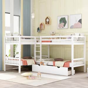 White L-Shaped Twin over Twin Wood Bunk bed with Drawers