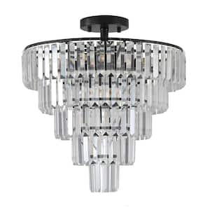 19.7 in. 10-Light Modern Glam Matte Black 5-Tier Semi-Flush Mount Ceiling Light with Crystal Shade