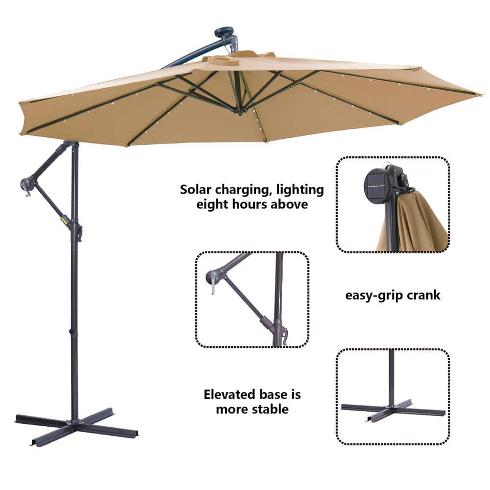 10 ft. Solar LED Patio Outdoor Umbrella Hanging Cantilever Umbrella in Taup