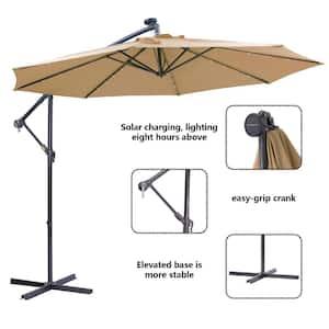 10 ft. Solar LED Patio Outdoor Umbrella Hanging Cantilever Umbrella in Taupe with 32 LED Lights