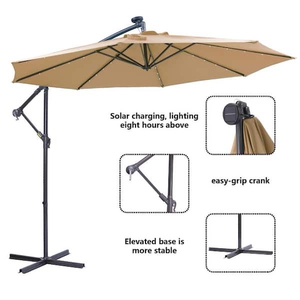 Unbranded 10 ft. Solar LED Patio Outdoor Umbrella Hanging Cantilever Umbrella in Taupe with 32 LED Lights