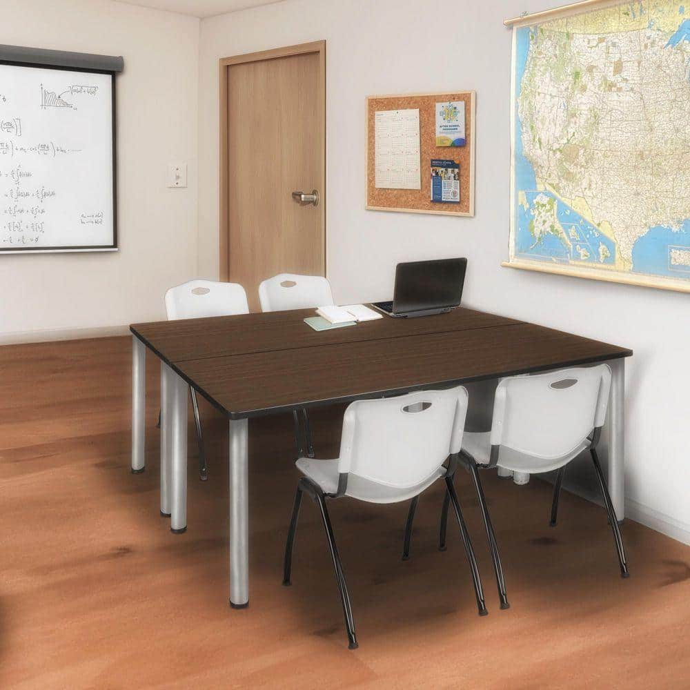 Kee 66 in x 24 in. Neo Walnut Top Training Table Desk, Chrome Legs & 2 M Stack Chairs-Grey