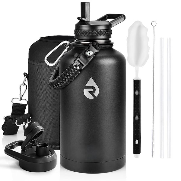 64 oz Black Stainless Steel Triple Wall Vacuum Insulated Leak Proof Water Bottle with Paracord Handle and Dual Lids