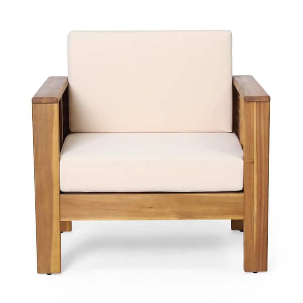 Unbranded Acacia Wood Outdoor Club Chair with Cushion for Patio Backyard Garden Teak Plus Beige