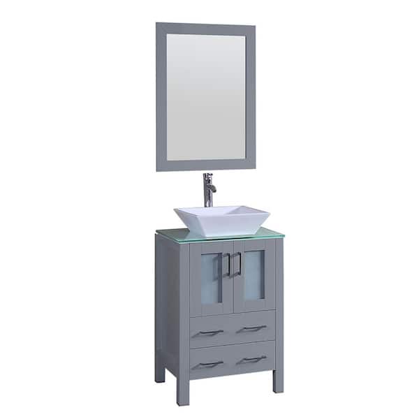 Bosconi 24 in. W Single Bath Vanity with Tempered Glass Vanity Top in Green with White Basin and Mirror