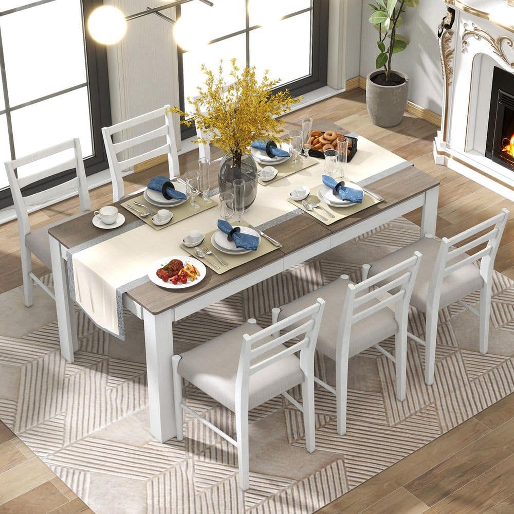 Harper & Bright Designs Mutifunctional 7-Piece White and Brown Wooden ...