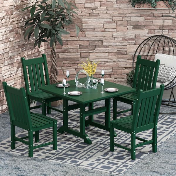 WESTIN OUTDOOR Hayes 5-Piece HDPE Plastic All Weather Outdoor Patio Square Trestle Table Dining Set with Side Chairs in Dark Green