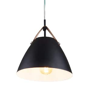 1-Light Black Outer Whiter Inner Dome Pendent with Leather Strap