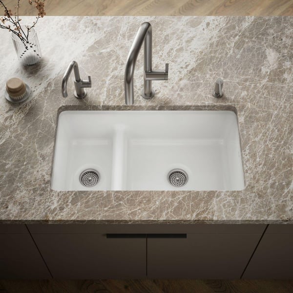 Iron Tones Smart Divide Undermount Cast Iron 33 in. Double Bowl Kitchen Sink in White