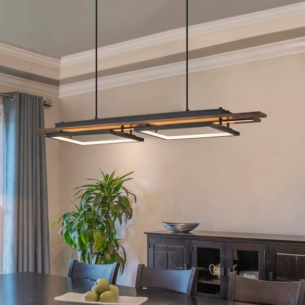 39.37 in. 3-light Wooden Kitchen Island Pendant Light, Linear Rectangle Integrated LED Chandelier
