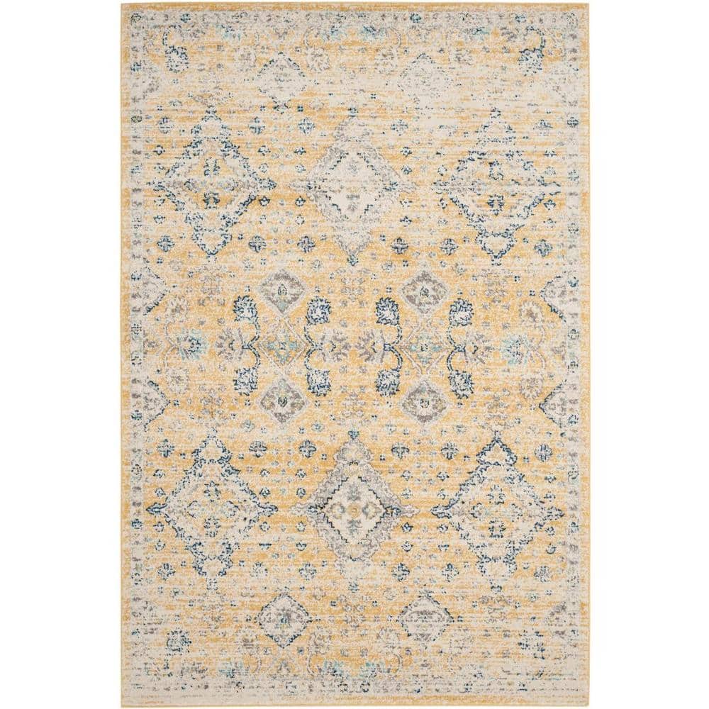 Gold and Ivory High Pile Synthetic Rectangular Rug