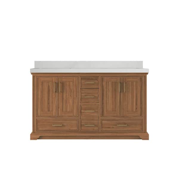Willow Collections Charlotte Teak 60 in. W x 22 in. D x 36 in. H Double Sink Bath Vanity in Dark Natural with 2 in. Carrara Quartz Top