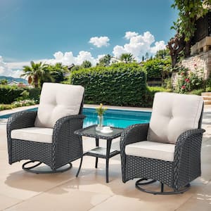 Black 3-Piece Wicker Patio Conversation Set with Beige Cushions and Coffee Table All-Weather Swivel Rocking Chairs