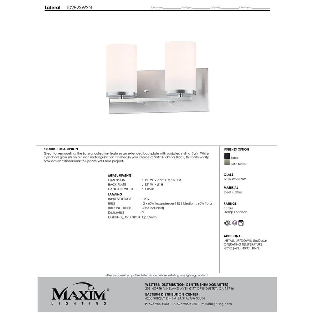 Maxim Lighting Lateral 33 5 In 2 Light Satin Nickel Bath Vanity Light   Satin Nickel Maxim Lighting Vanity Lighting 10282 64 1000 