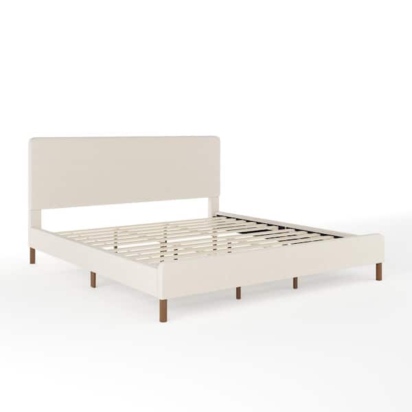 MARTHA STEWART Britta Beige Wood Frame King Platform Bed with Upholstered Solid Wood