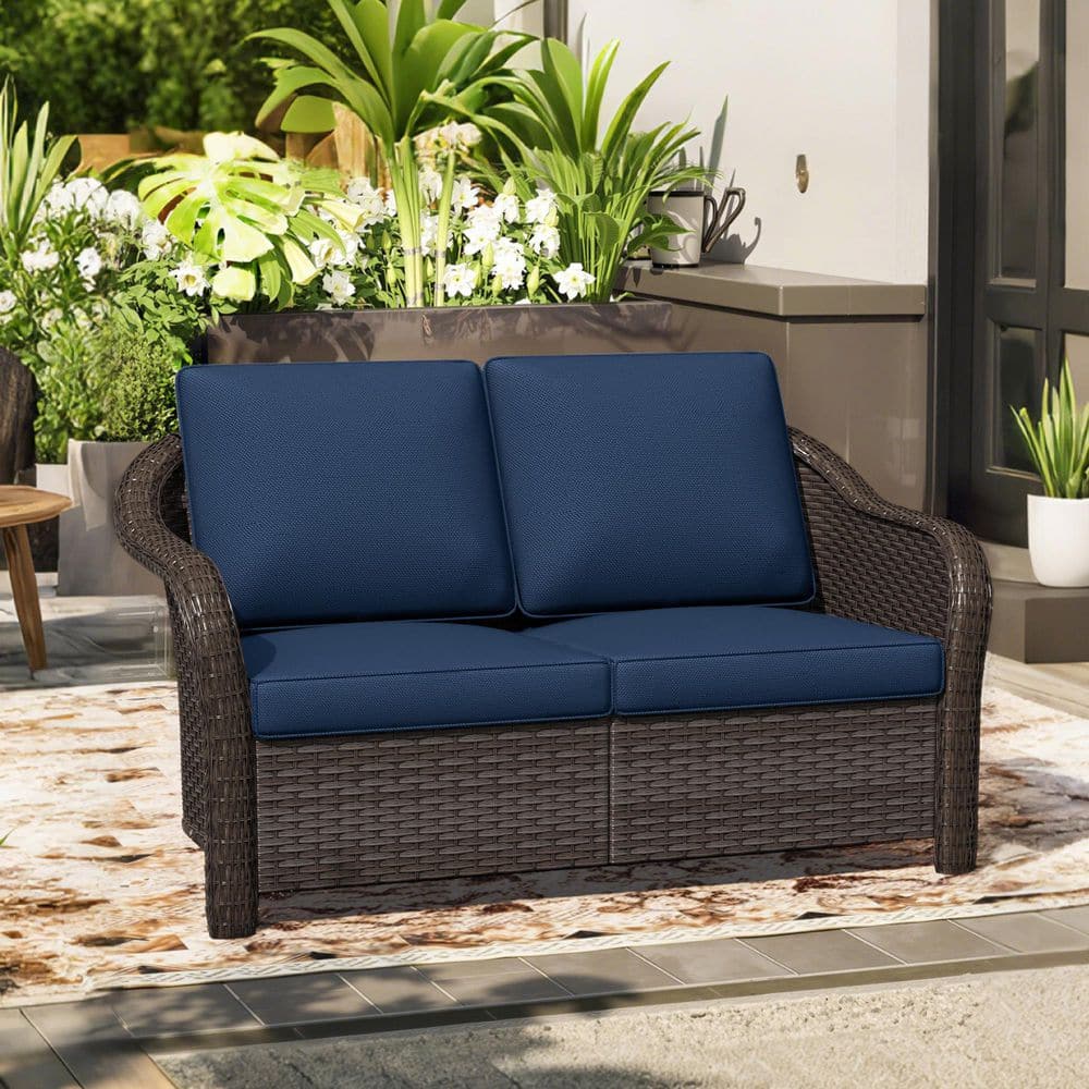 3-Seat Brown Wicker Outdoor Patio Sectional Sofa with Blue Cushions price history on PriceWatchPro