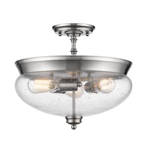 Amon 15 in. 3-Light Brushed Nickel Semi-Flush Mount with Clear Seedy Shade
