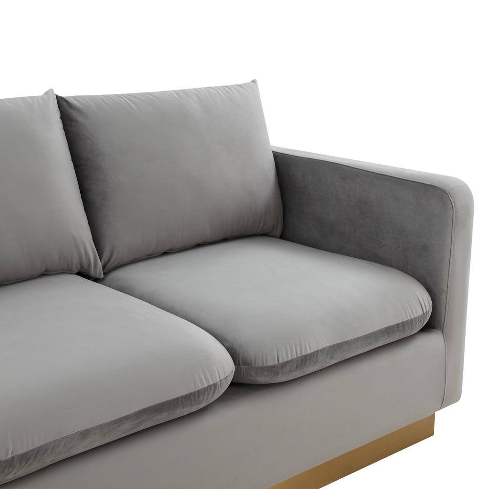 LeisureMod Nervo 65'' Light Grey Velvet Upholstered Sofa with Gold Frame