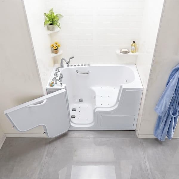 Wheelchair Transfer 60 in. Acrylic Walk-In Whirlpool and Air Bath Bathtub in White with Faucet Set, LHS 2 in. Dual Drain