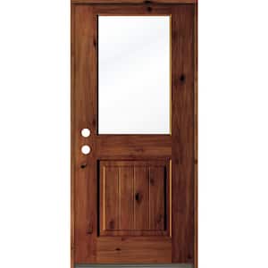 32 in. x 80 in. Rustic Knotty Alder Wood Clear Half-Lite Red Chestnut Stain/VG Right Hand Single Prehung Front Door