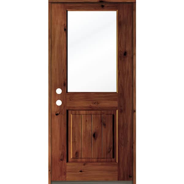 Krosswood Doors 32 in. x 80 in. Rustic Knotty Alder Wood Clear Half-Lite Red Chestnut Stain/VG Right Hand Single Prehung Front Door