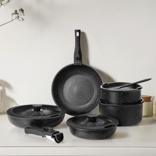 Unbranded 12-Piece Black Granite Non-Stick Cookware Set, Kitchen Cooking Sets Pots and Pans Set with Spatula and Detachable Handle