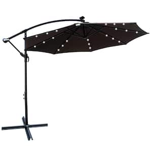 10 ft. Market Solar Powered LED Lighted Octagon Patio Umbrella in Black with Crank and Cross Base