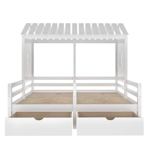 STICKON White Wood Frame Twin House Platform Beds with 2-Drawers