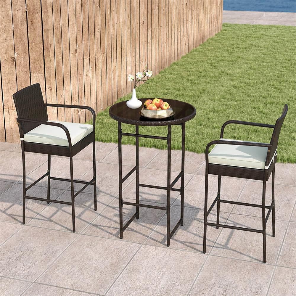 3 Piece Wicker Outdoor Serving Bar Set Heavy-Duty Metal Barstool and Table Set w/ Off White Cushions and Glass Tabletop price history on PriceWatchPro