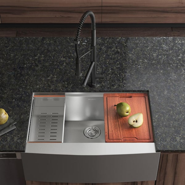 Rivage Stainless Steel 30 in. Single Bowl Farmhouse Apron Workstation Kitchen Sink with Accessories