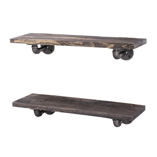 PIPE DECOR 24 in. x 7.5 in. x 6.75 in. Boulder Black Restore Wood Decorative Wall Shelf with Industrial Steel Pipe L- Brackets